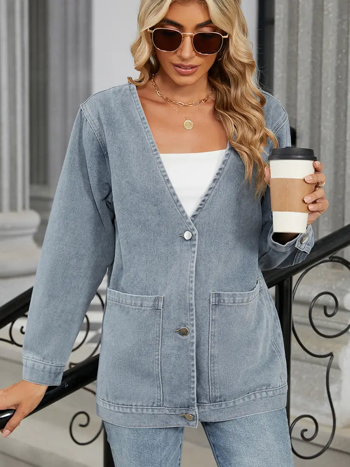 V-Neck Long-Sleeve Denim Jacket