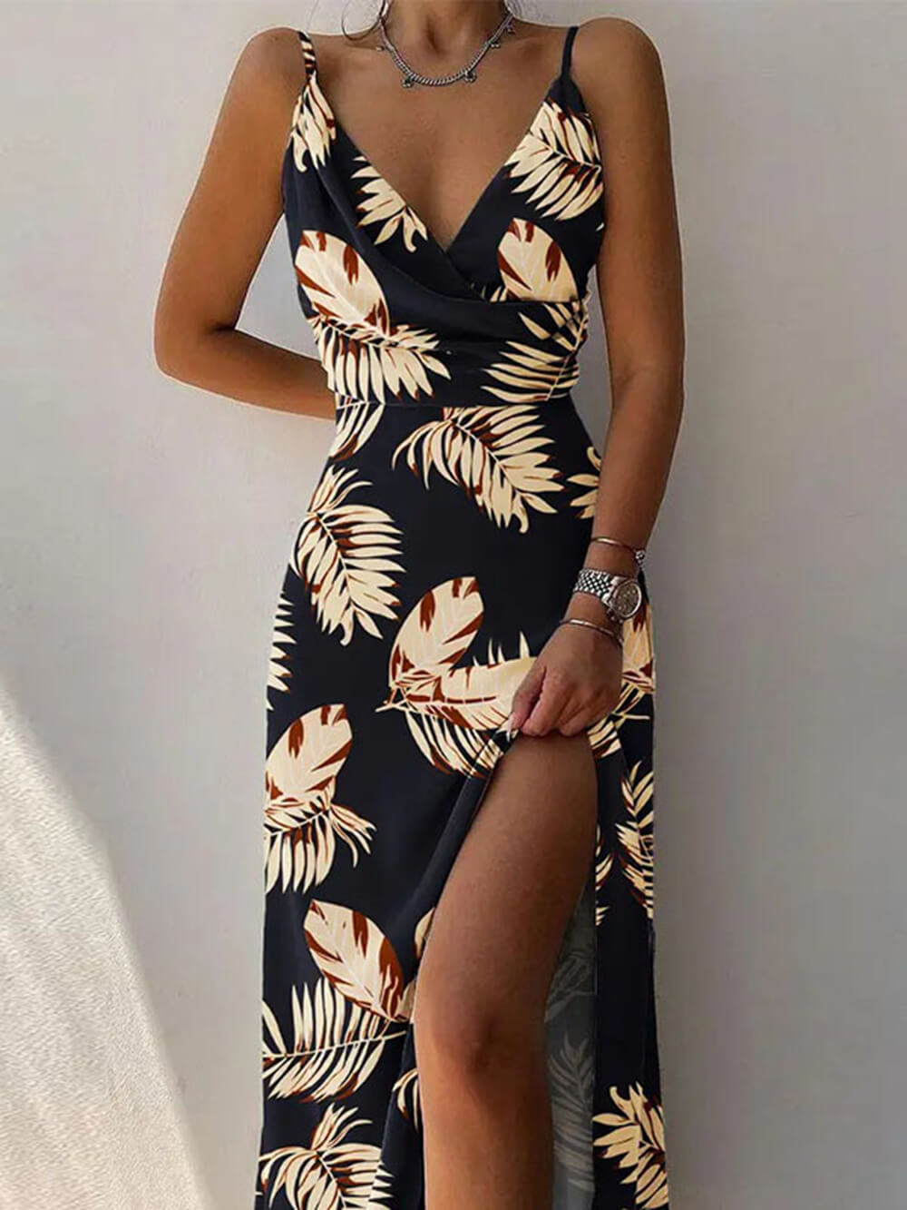 Elegant Unique Printed Spaghetti Strap Pleated Leg Slit Dress