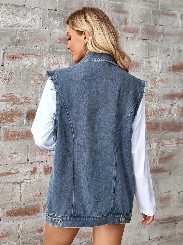 Washed Denim Sleeveless Cardigan