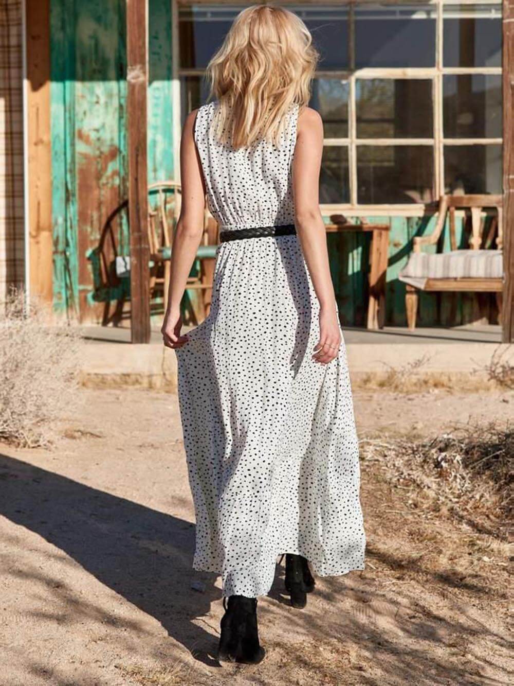 Bohemian V-Neck Sleeveless Polka-Dot Maxi Dress