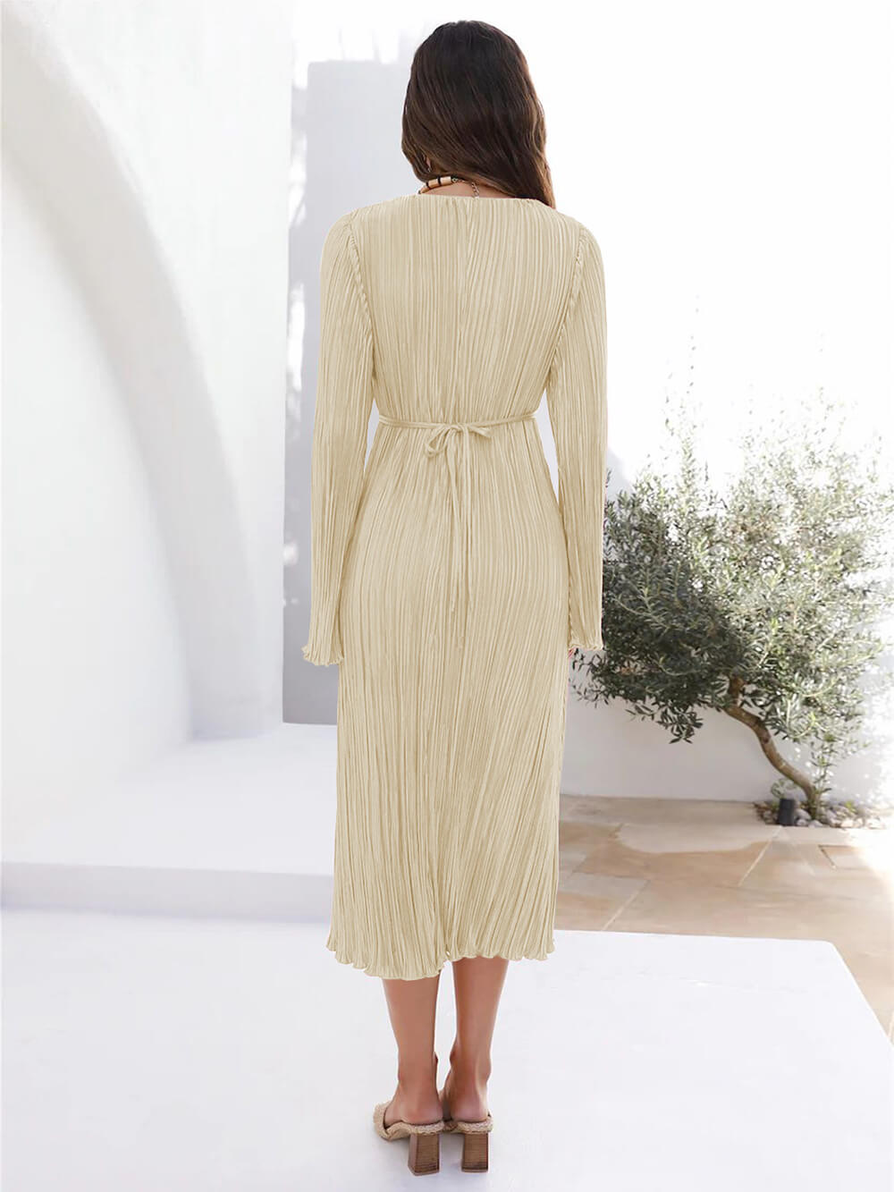 Mountain Vistas Draped Pleated Bell-Sleeve Midi Dress