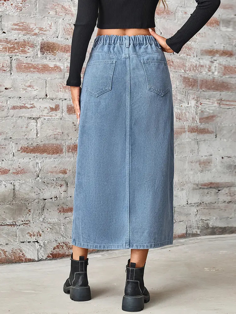 Elastic Waist Split Denim Skirt