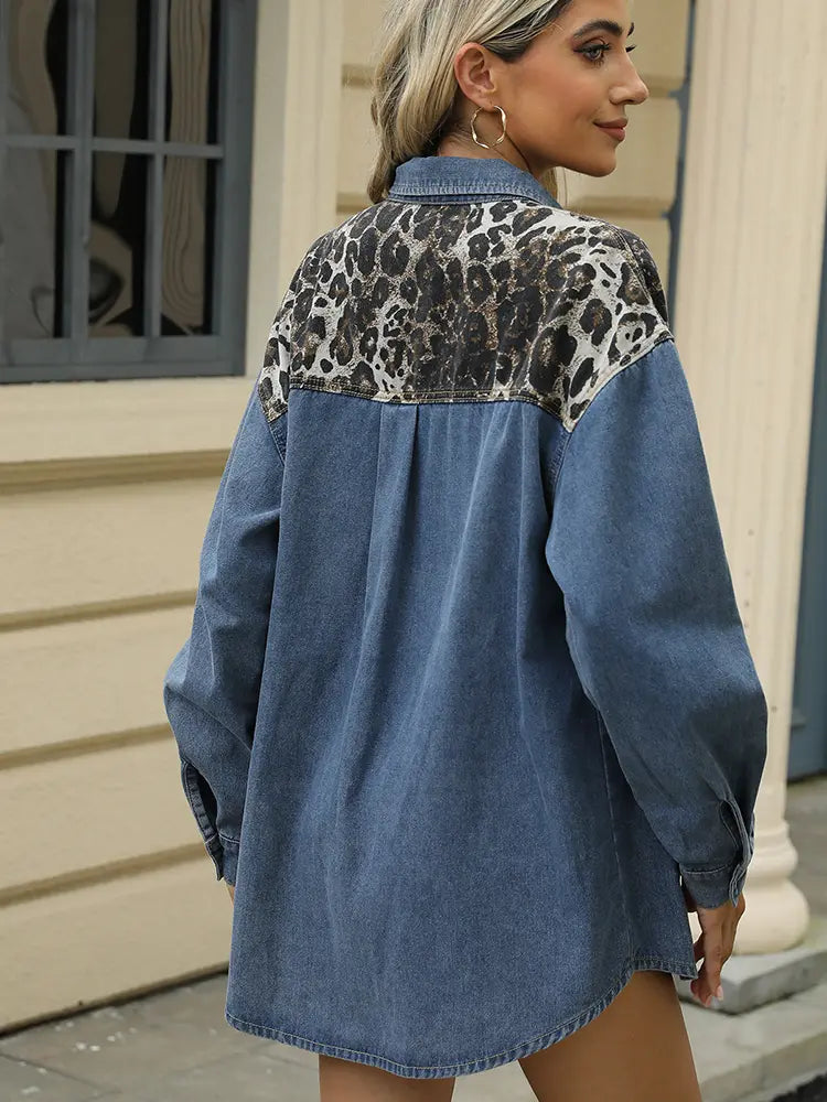 Leopard Patchwork Loose Denim Shirt