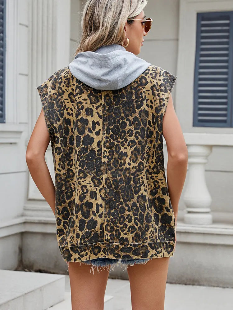 Denim Leopard Print Hooded Vest