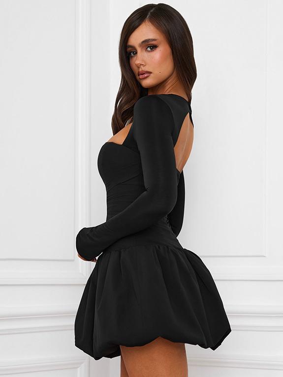 Elegant Puff-Sleeve Mini Dress with Square Neck and Backless Design