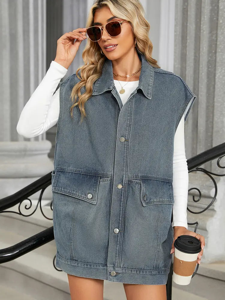 Washed Loose Pocket Denim Vest