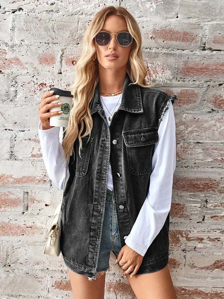 Washed Denim Sleeveless Cardigan