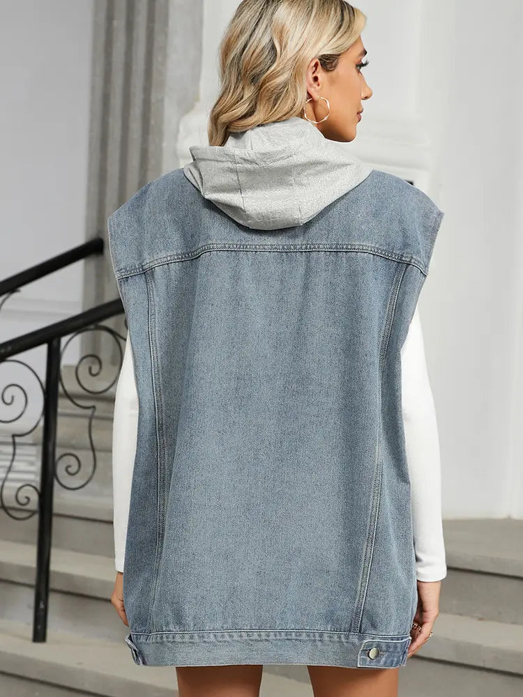 Washed Loose Pocket Hooded Denim Vest