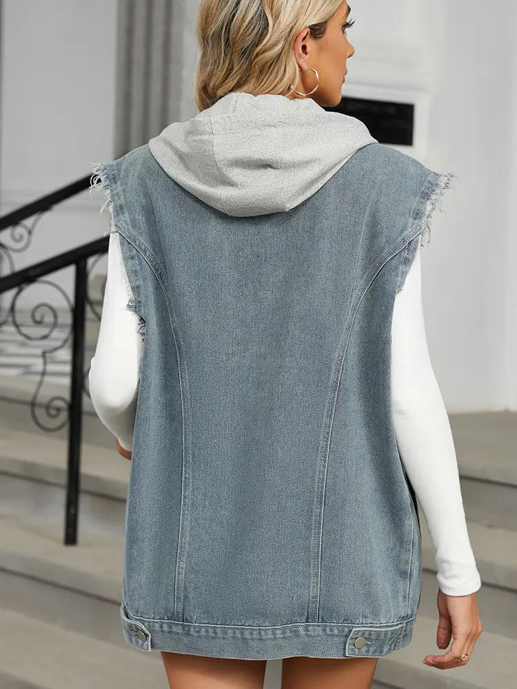 Washed Loose-Fit Hooded Denim Vest