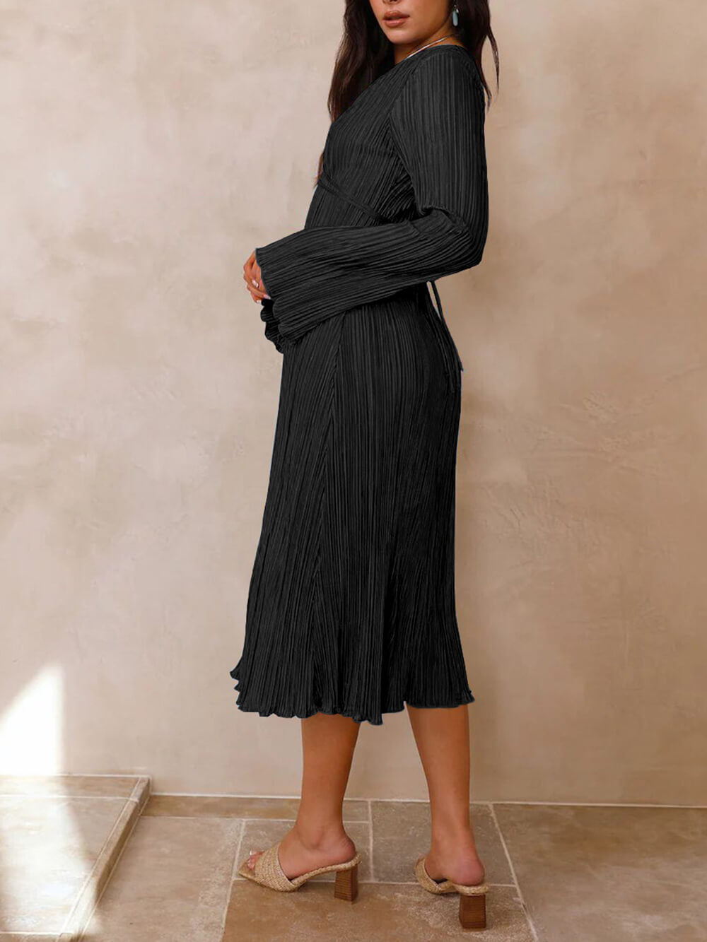 Mountain Vistas Draped Pleated Bell-Sleeve Midi Dress