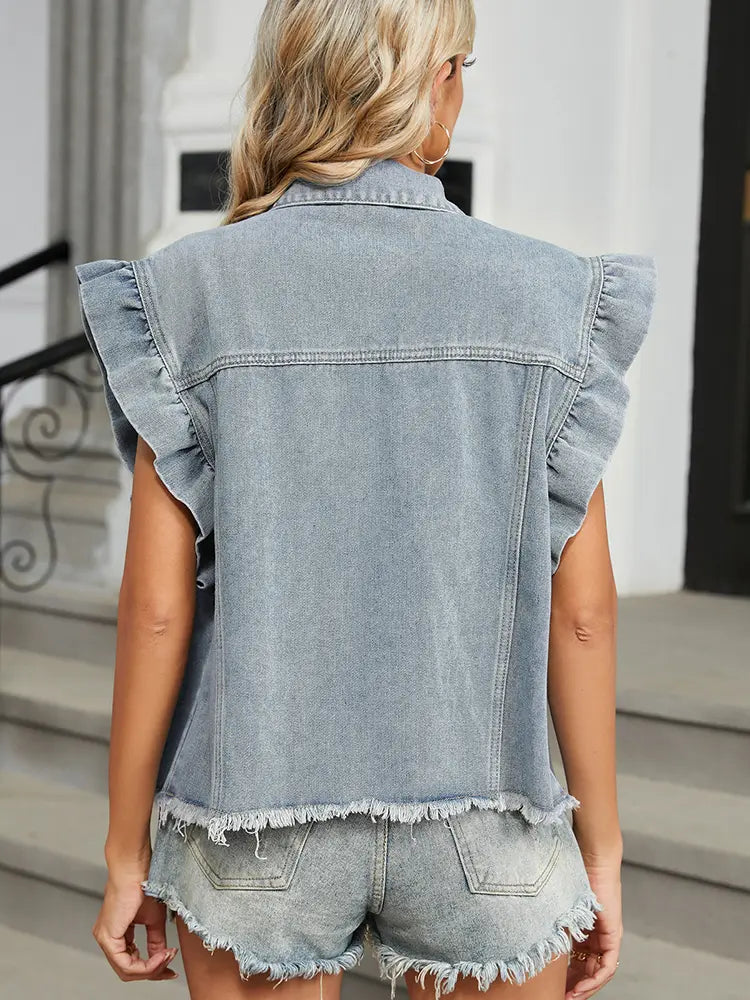 Washed Ruffle Edge Denim Vest