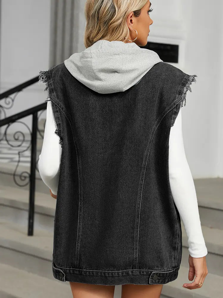 Washed Loose-Fit Hooded Denim Vest