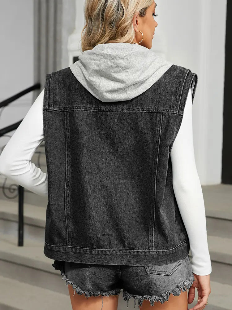 Hooded Denim Vest with Sleeveless Design