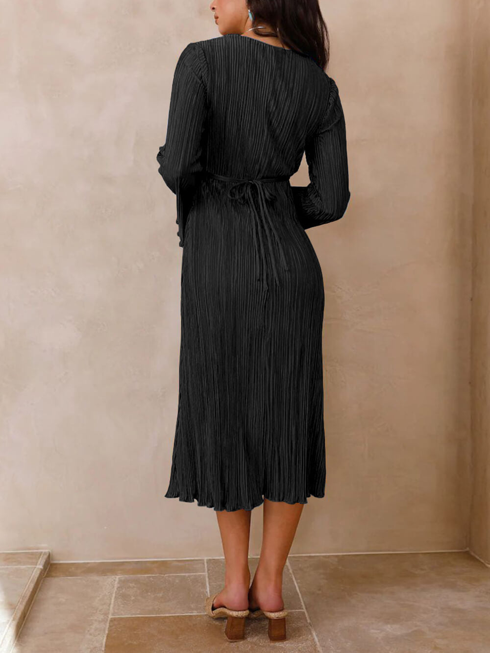 Mountain Vistas Draped Pleated Bell-Sleeve Midi Dress