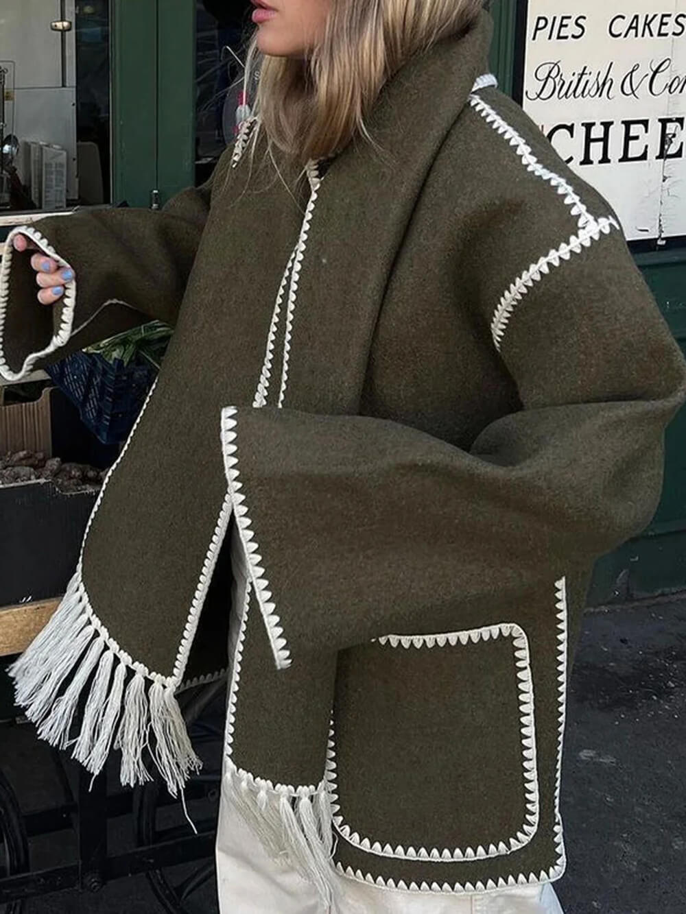 Draped Fringed Blend Jacket With Scarf