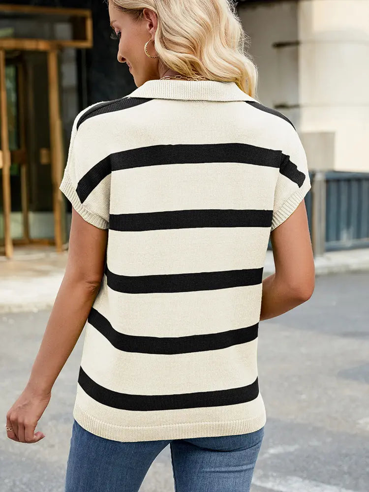 Collar Casual Striped Knit Vest Sweater