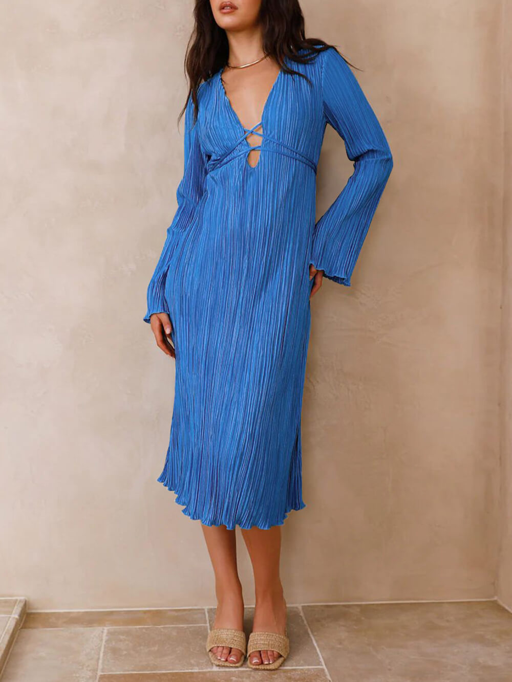 Mountain Vistas Draped Pleated Bell-Sleeve Midi Dress