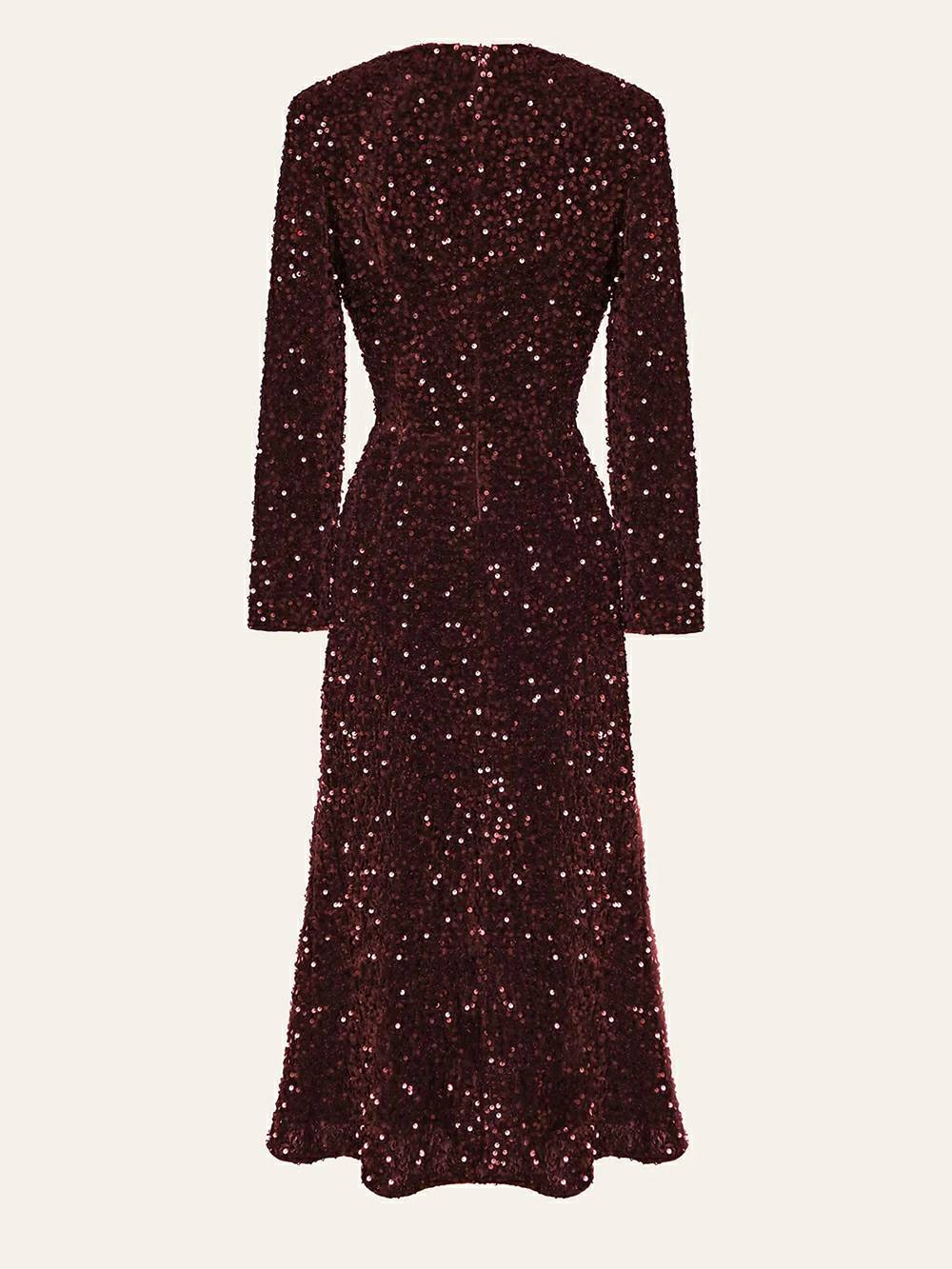 Sequin Decorated Velvet Midi Dress In Red