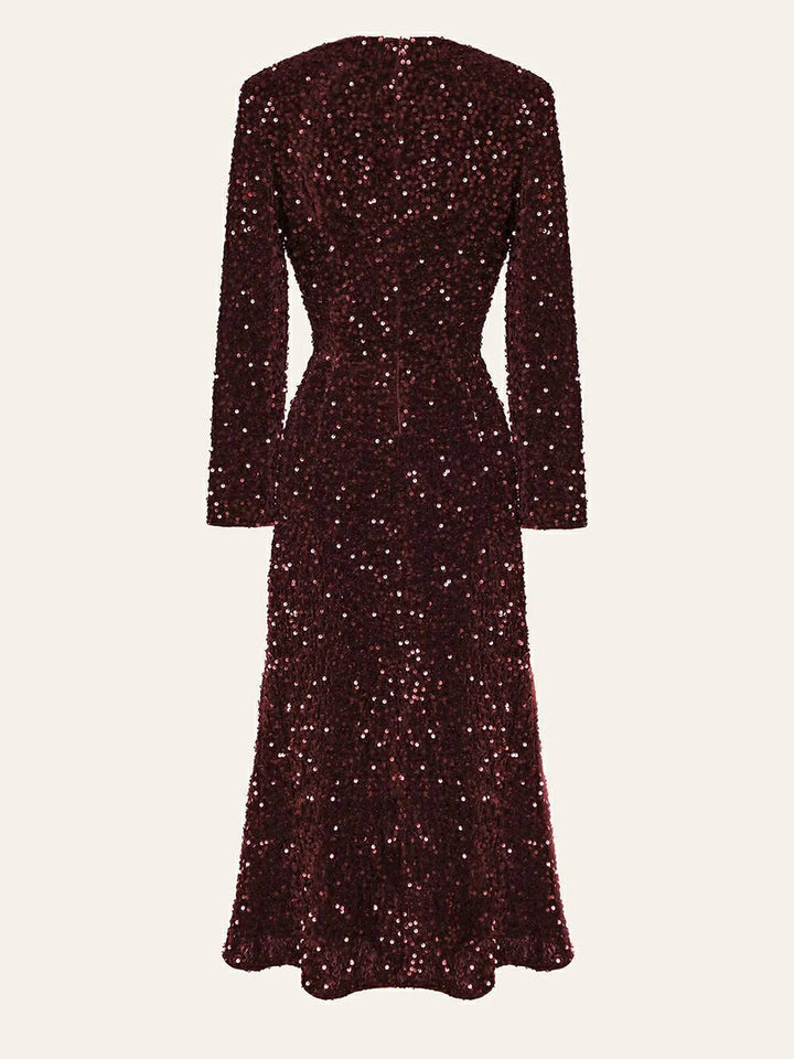 Sequin Decorated Velvet Midi Dress In Red