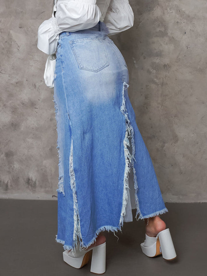 High Waist Frayed Slit Denim Skirt