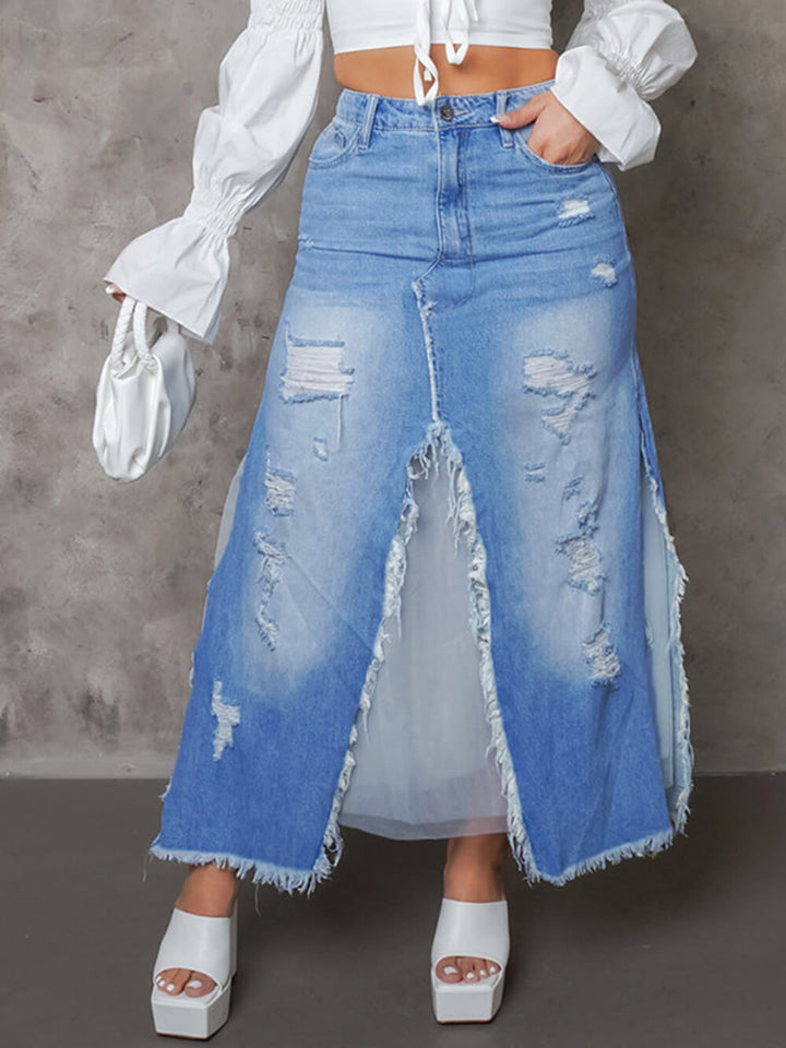 High Waist Frayed Slit Denim Skirt