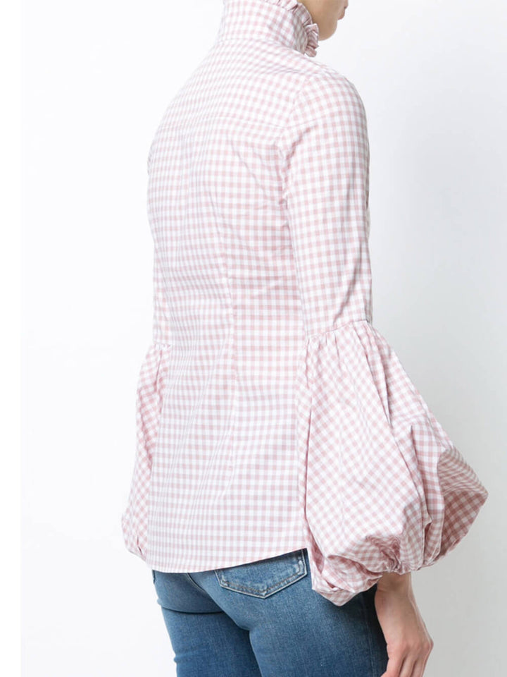 Plaid Turtleneck Puff Long Sleeve Shirt