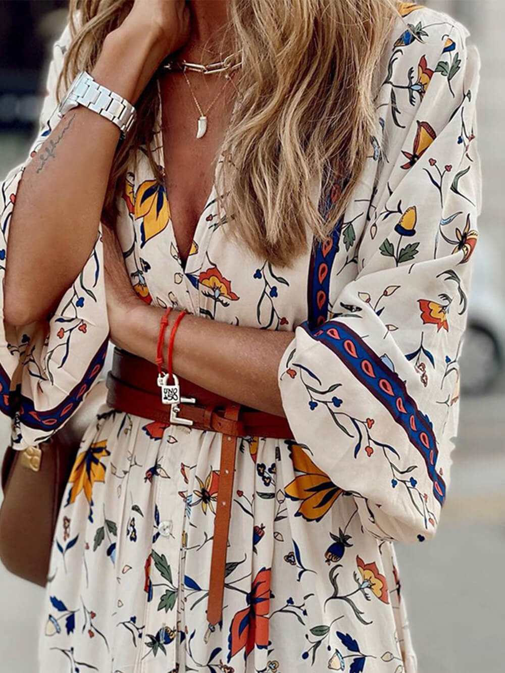 V-Neck Printed Loose Maxi Dress