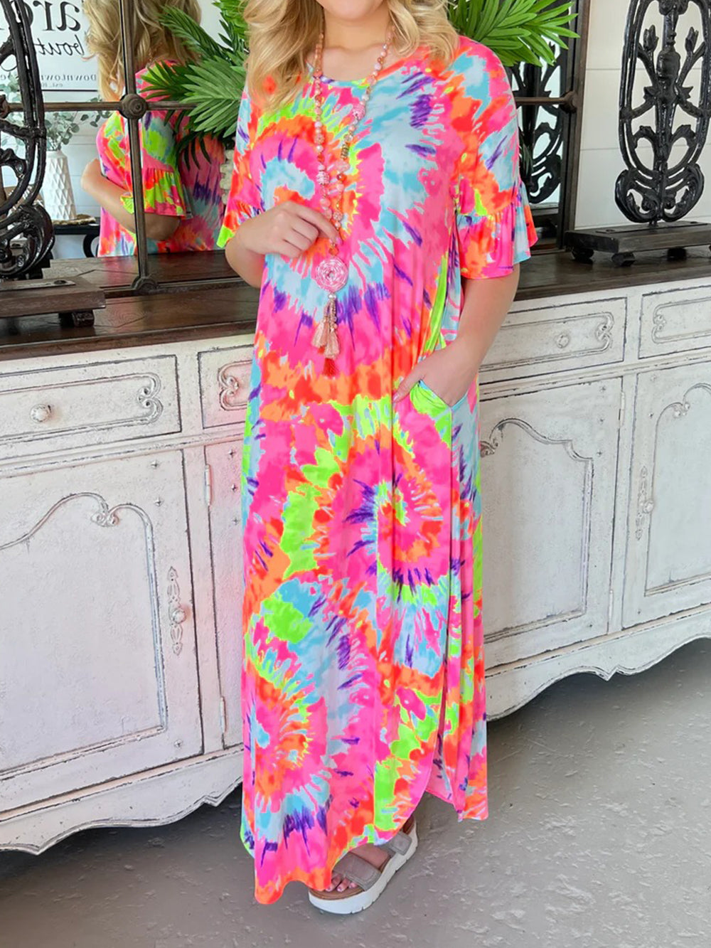 Tie-dye positioning casual V-neck pullover skirt short-sleeved long skirt