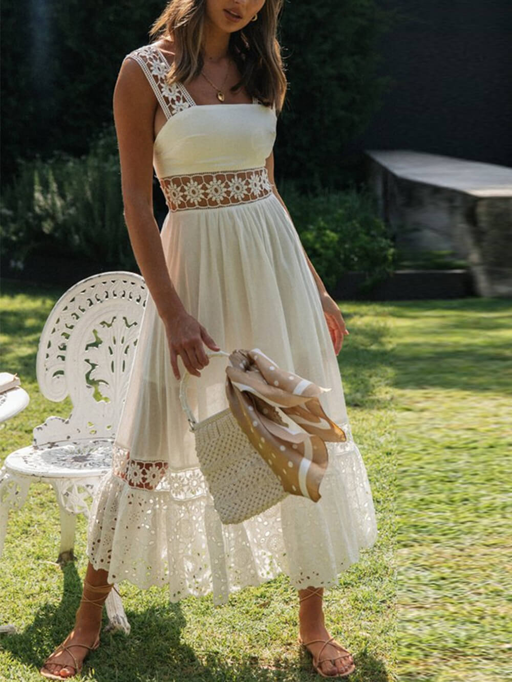 Long Lace Paneled Midi Dress With Full Hem