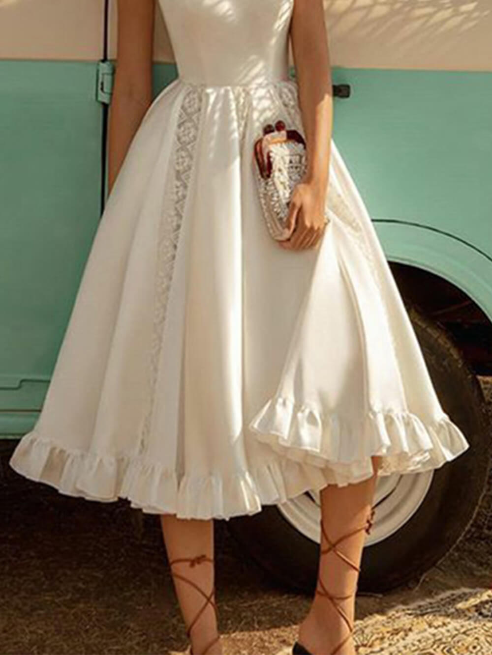 Solid Color Elegant Puff Midi Dress