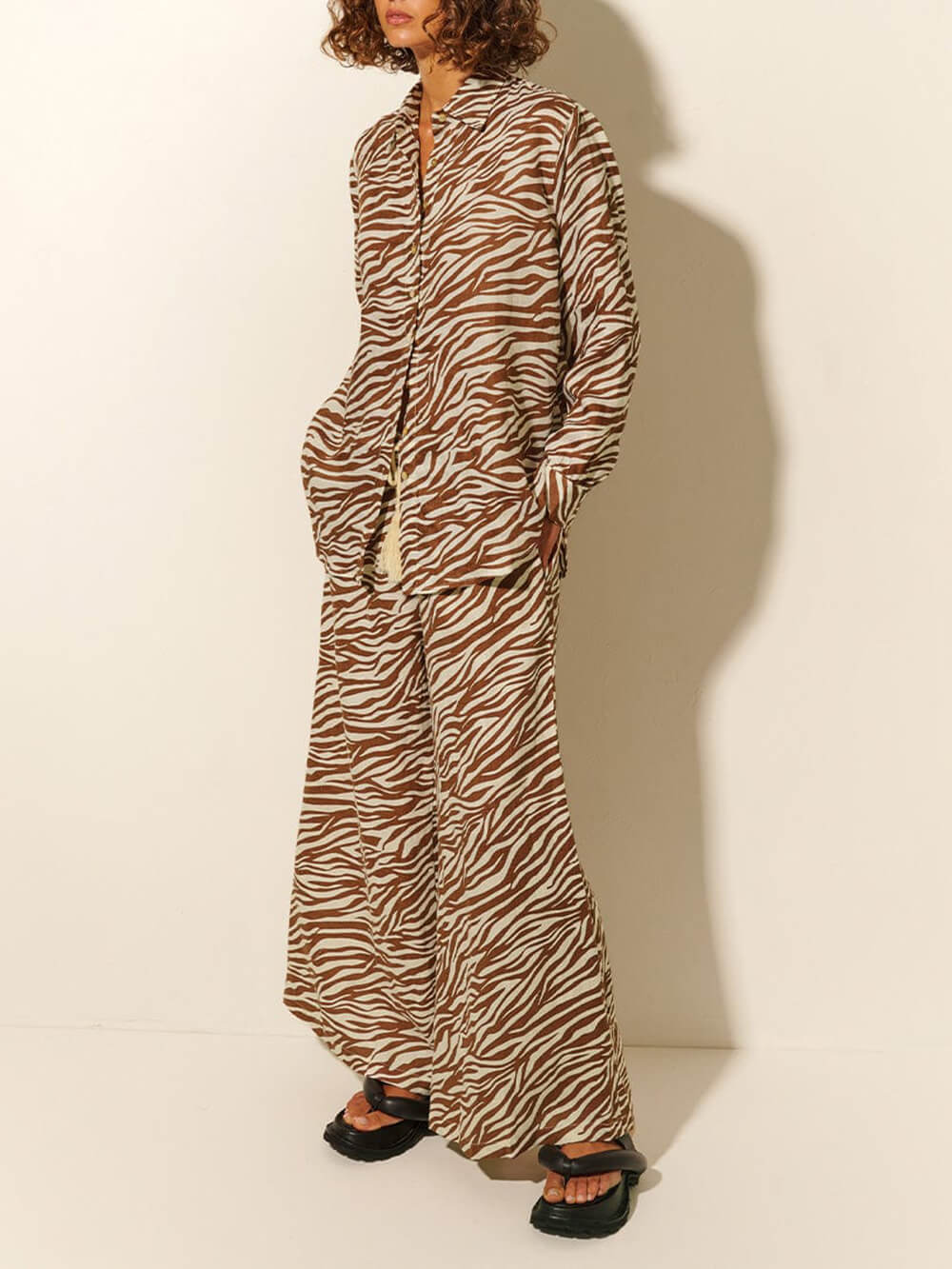 Button Open Collar Loose Zebra Print Drawstring Wide Leg Pants-Set