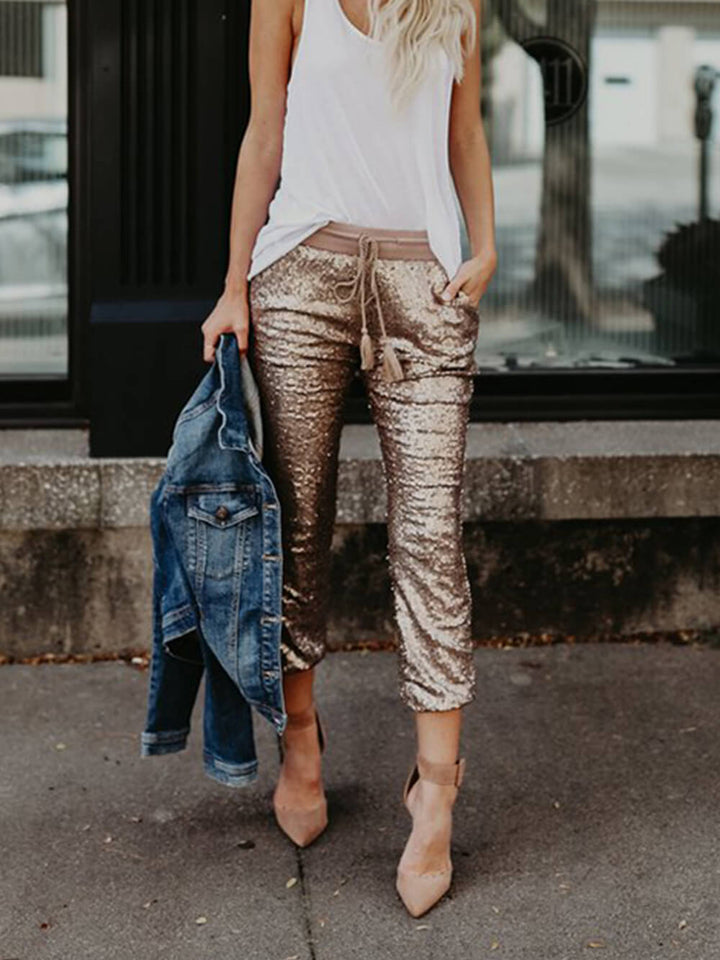 Sequined Elastic Waist Tie Trousers