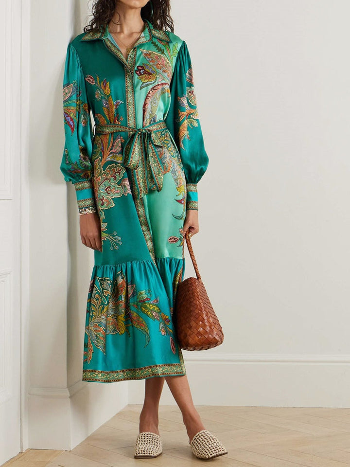 Collared Vintage Print Lantern Sleeve Dress