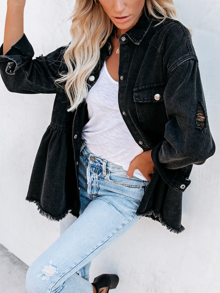 Distressed Denim Button Down Shirt Jacket