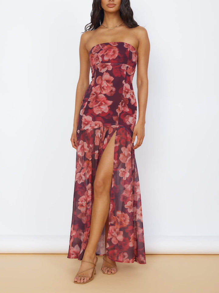 Floral Bandeau Slit Maxi Dress