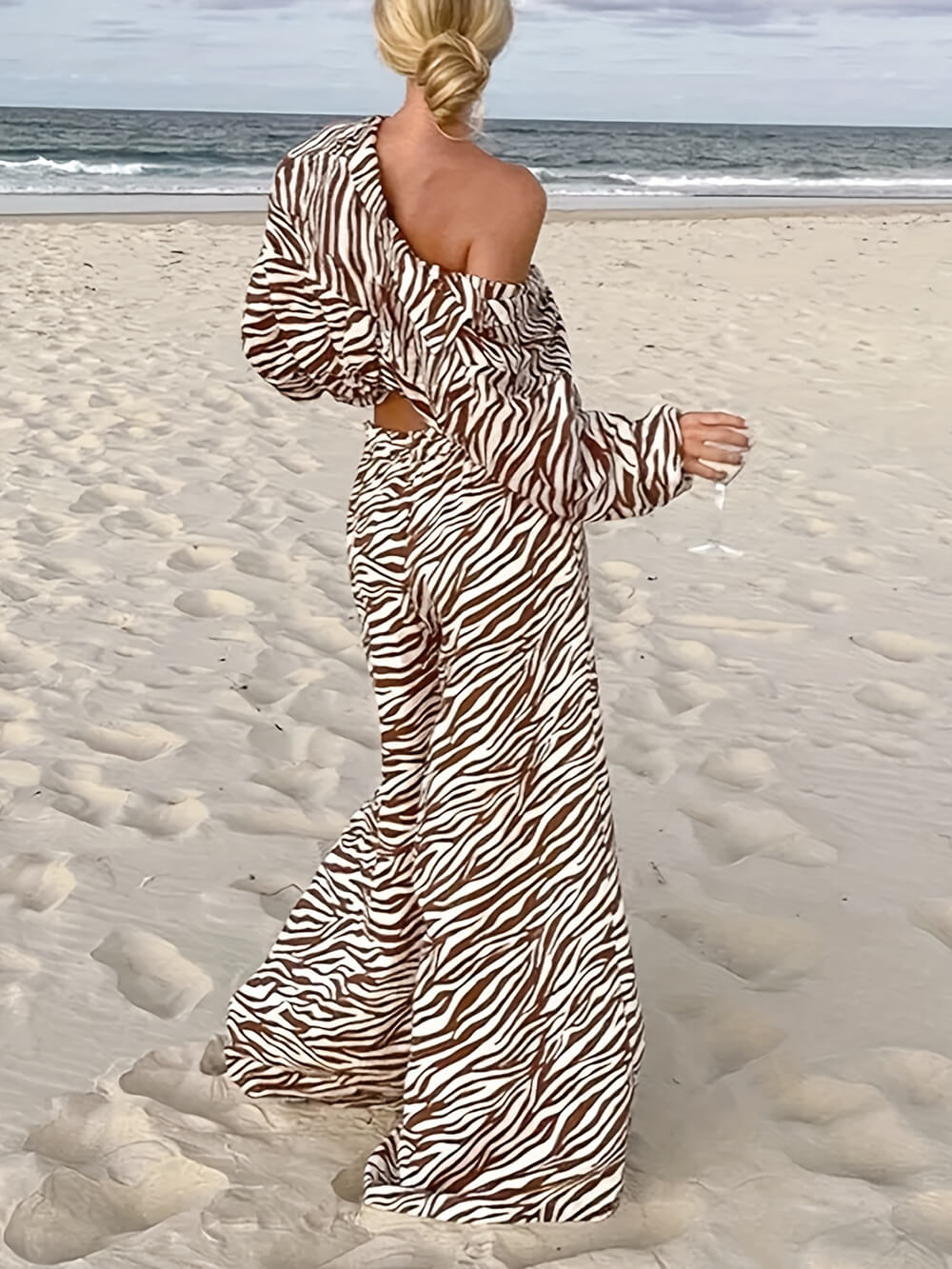 Button Open Collar Loose Zebra Print Drawstring Wide Leg Pants-Set