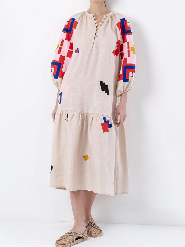 Loose Fit Printed Lantern Sleeve Casual Dress