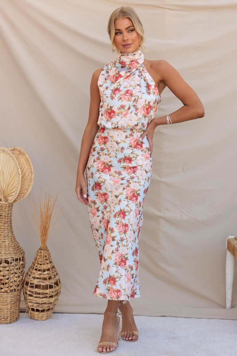 Wine Country Dates Floral Halter Neck Elastic Waist Maxi Dress