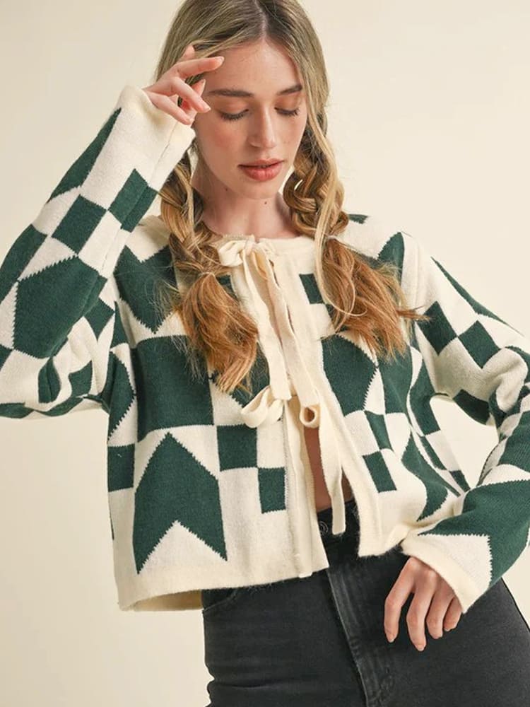 Geometric Print Lace-Up Cardigan Sweater