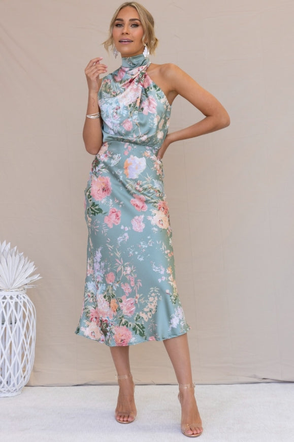 Wine Country Dates Floral Halter Neck Elastic Waist Maxi Dress