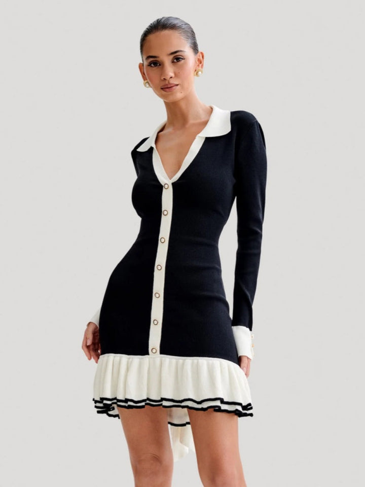 Ruffled Pearl Button Knit Mini Dress