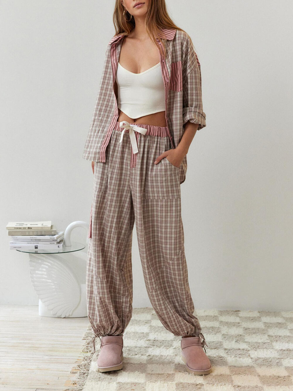 Pink Loose Splice Pajama Set