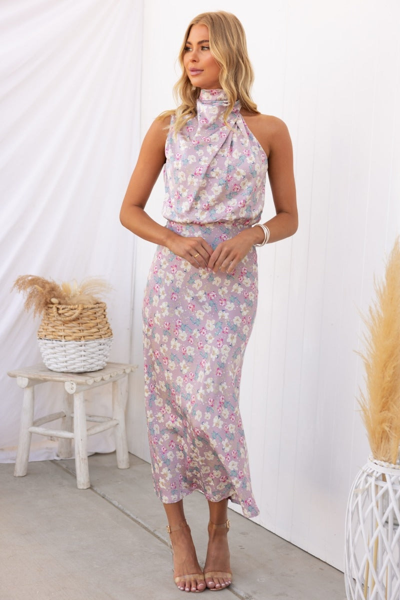 Wine Country Dates Floral Halter Neck Elastic Waist Maxi Dress