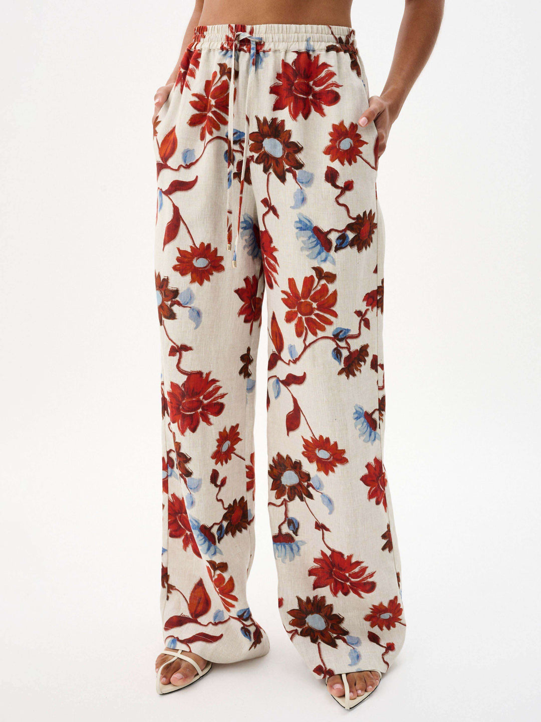 Exquisite Floral Print Lace-Up Wide-Leg Pants