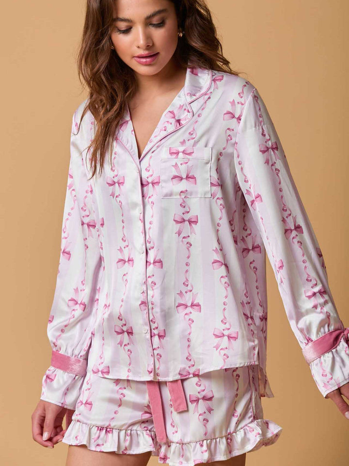 Bow Long Sleeve Button Down Pajama Set