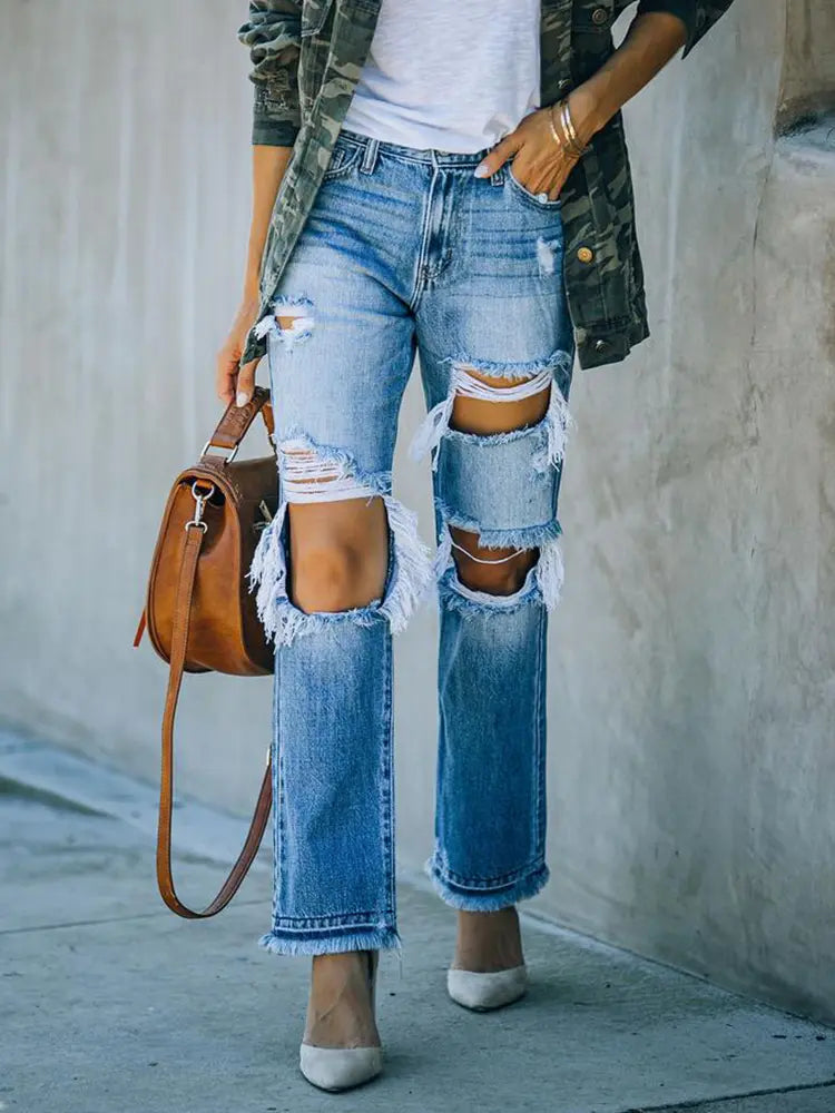 Ripped Distressed Beggar-Style Denim Pants