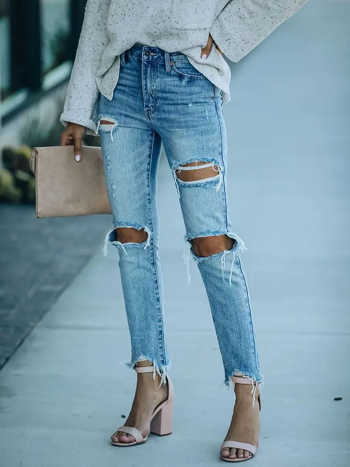 Street Style Ripped Slim-Fit Ankle-Length Jeans