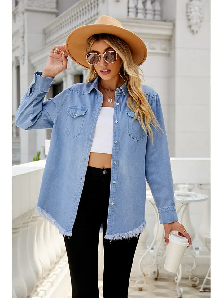 Washed Frayed Denim Shirt Jacket