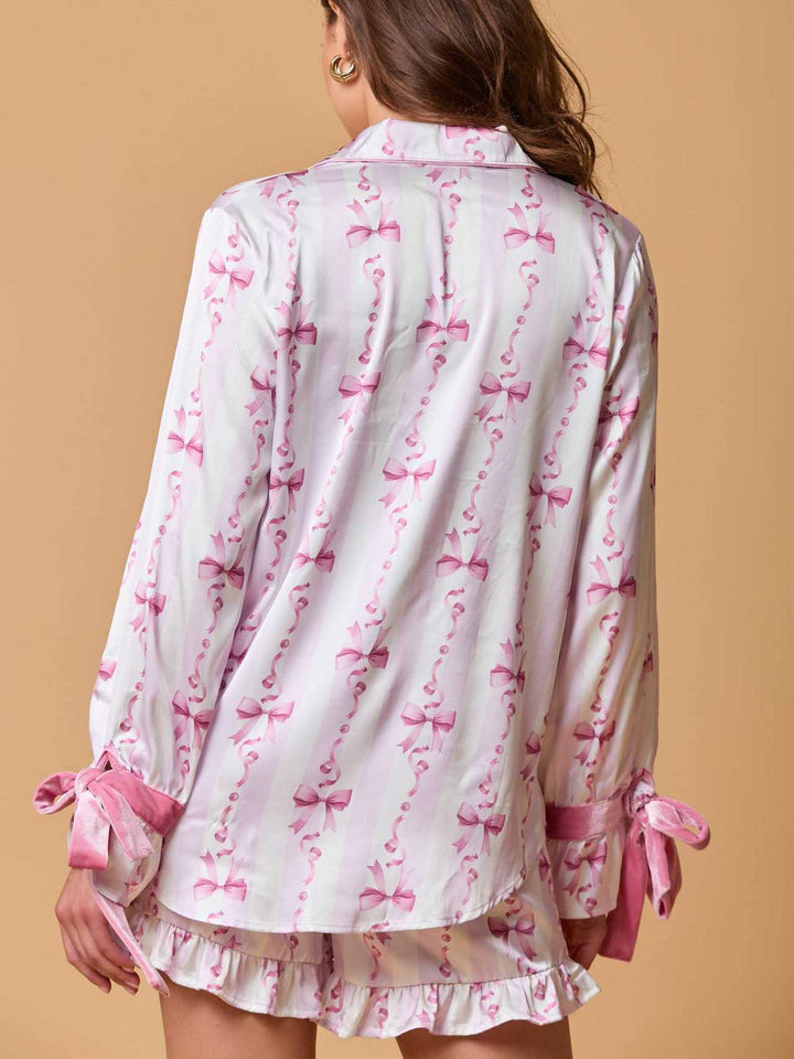 Bow Long Sleeve Button Down Pajama Set