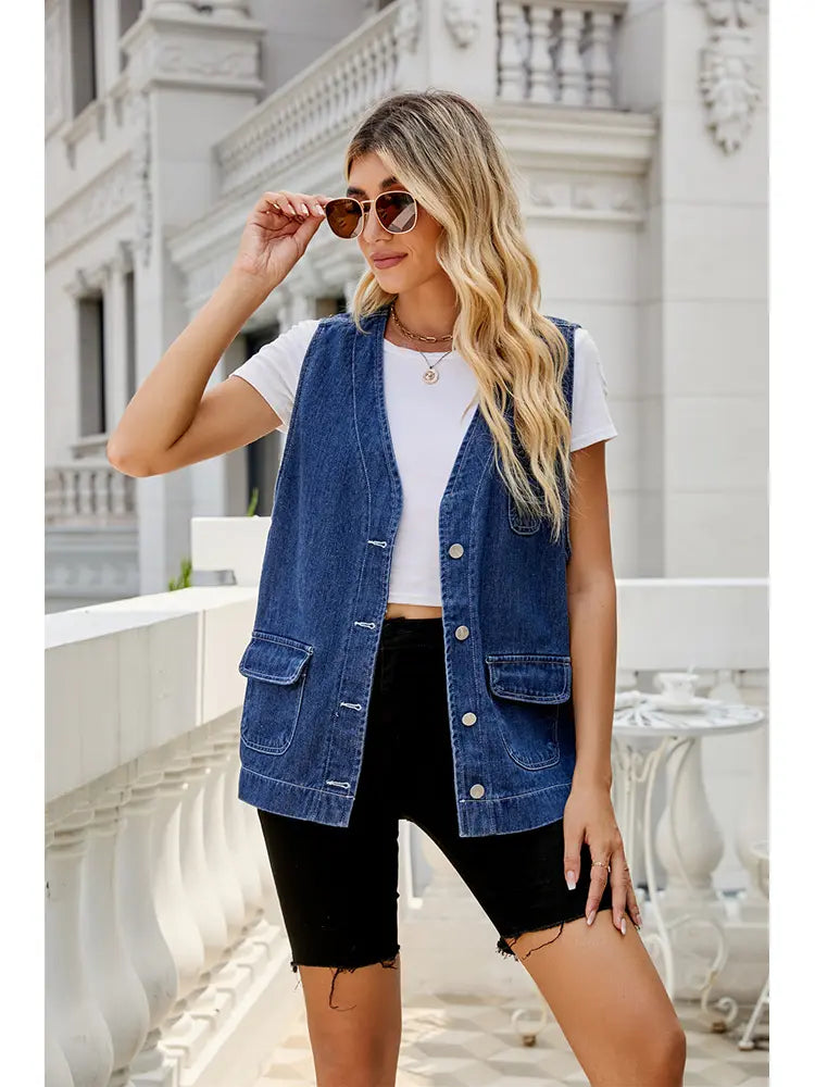 Multi-Pocket Washed Denim Vest